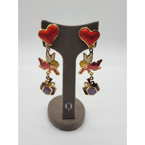 Berbei Long Cherub heart and present dangle Pierced Earrings - Picture 1 of 9